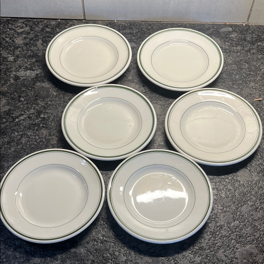 Vintage Buffalo China 1923  White RESTAURANT ( Diner ) Green Rim  Set of 6 5.5”